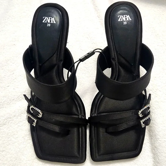 Zara Women's New, Heeled Black Mule Sandals With Rhinestone Buckles.  Size US 8 - Picture 10 of 11